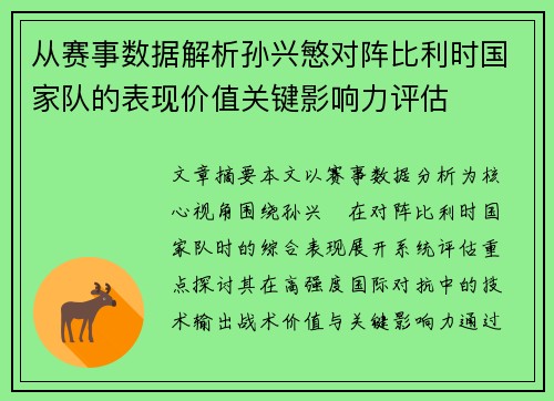 从赛事数据解析孙兴慜对阵比利时国家队的表现价值关键影响力评估